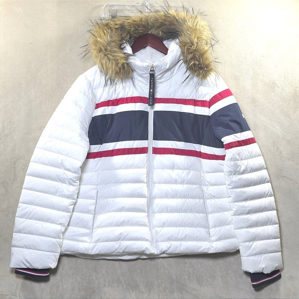 Tommy Hilfiger Womens Puffer Jacket XL Faux Fur Hood Colorblock Red White Blue
